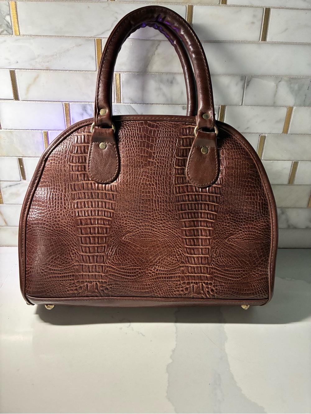 Brown Croc-Embossed Dome Satchel - Women Bags rare retro mini VTG